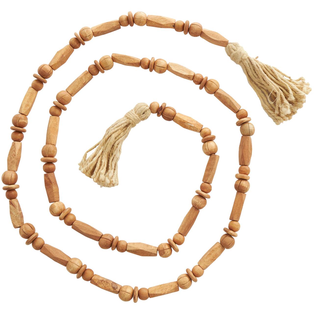 7ft. Brown Mango Wood Handmade Rectangle Carved Geometric Long Beaded Garland with Tassel